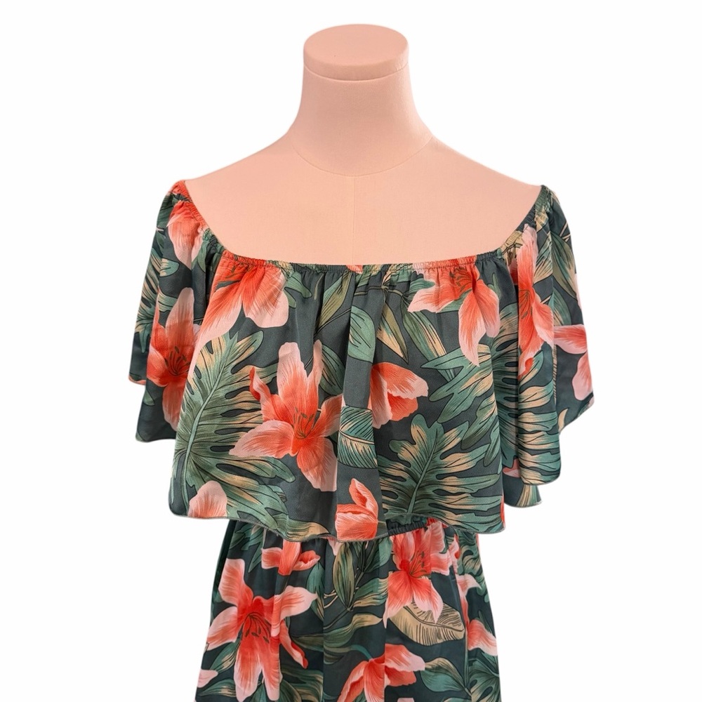 Cupshe Tropical Floral Maxi Dress Green Orange Ruffle Off Shoulder Large Boho - Picture 3 of 15